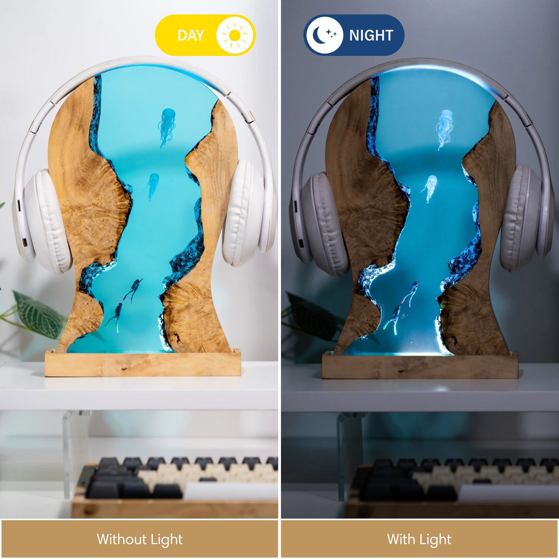 Resin jellyfish LED headphone stand holding over-ear headphones on a desktop with ambient LED lighting, lifestyle view