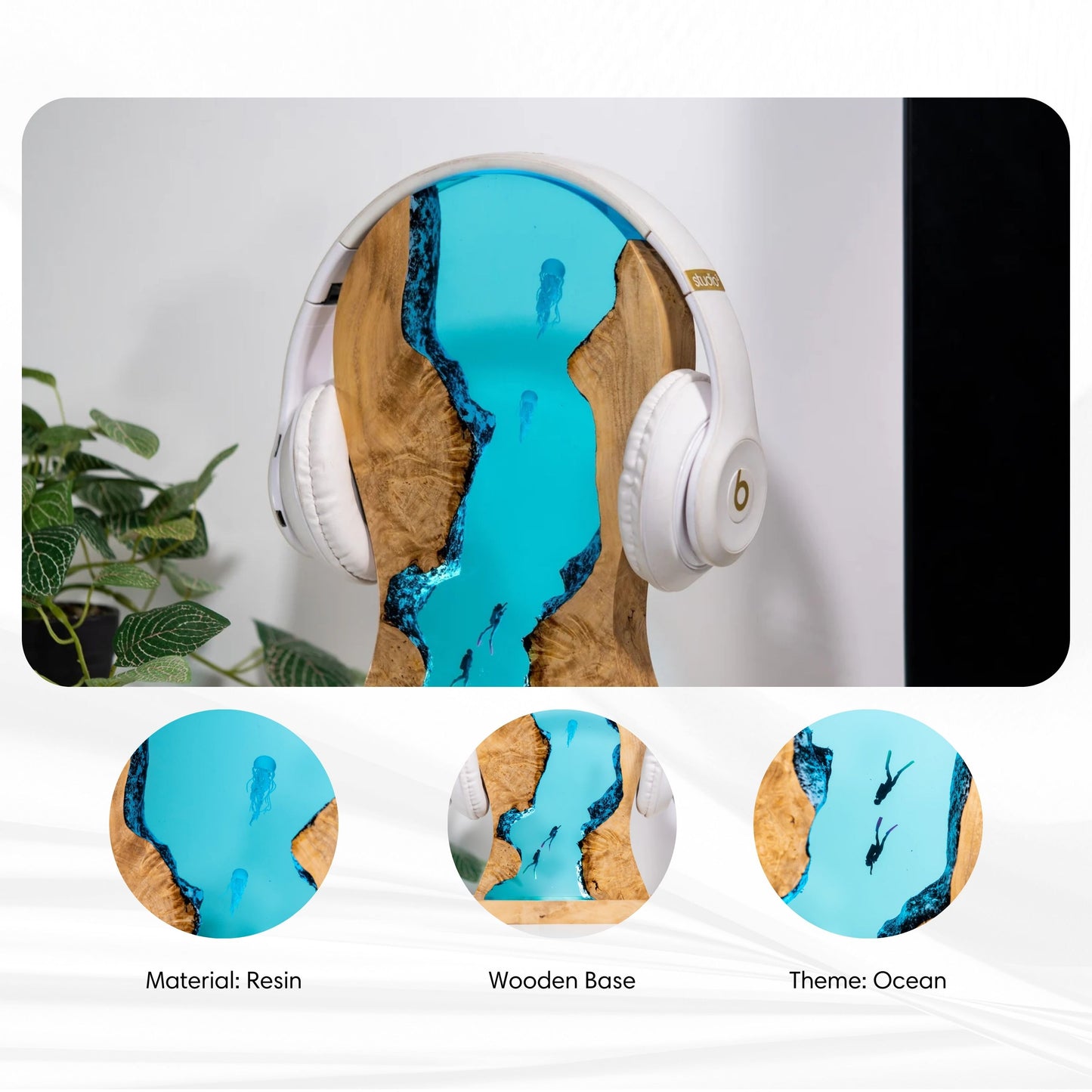 Resin jellyfish LED headphone stand shown from multiple angles, showcasing artistic resin design and desktop decor functionality