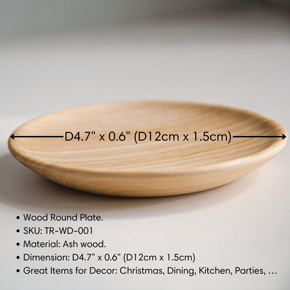 Wood plate shown beside a graphic labeling its diameter and height