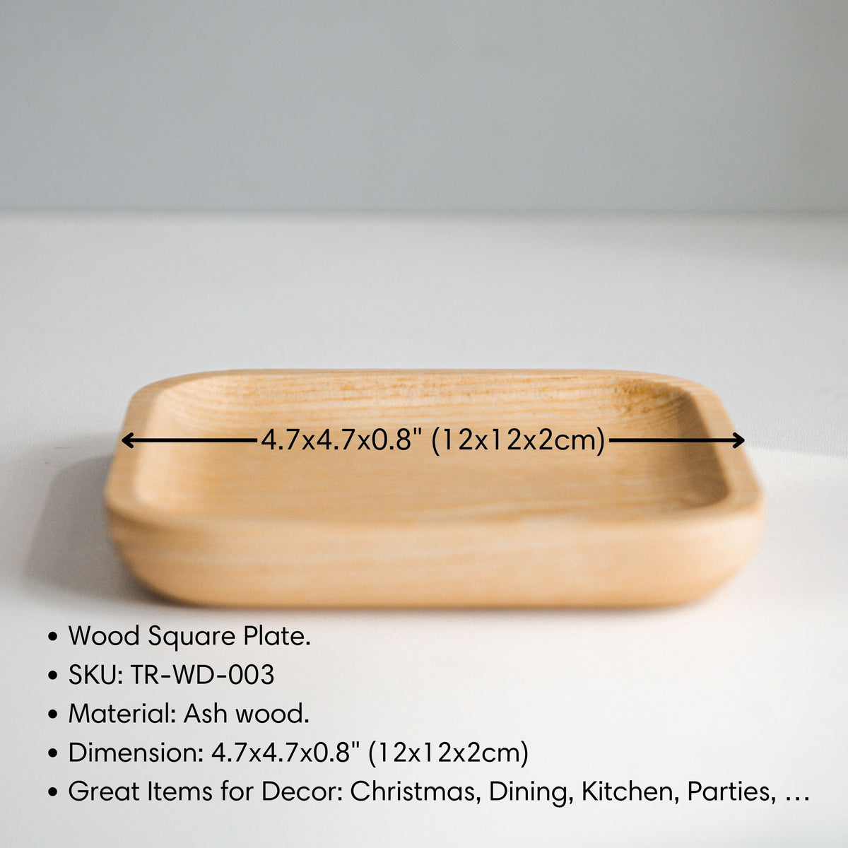 Side view of a wood square tray with a graphic showing its dimensions