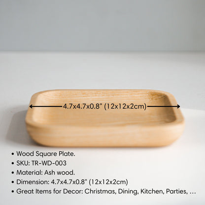 Side view of a wood square tray with a graphic showing its dimensions