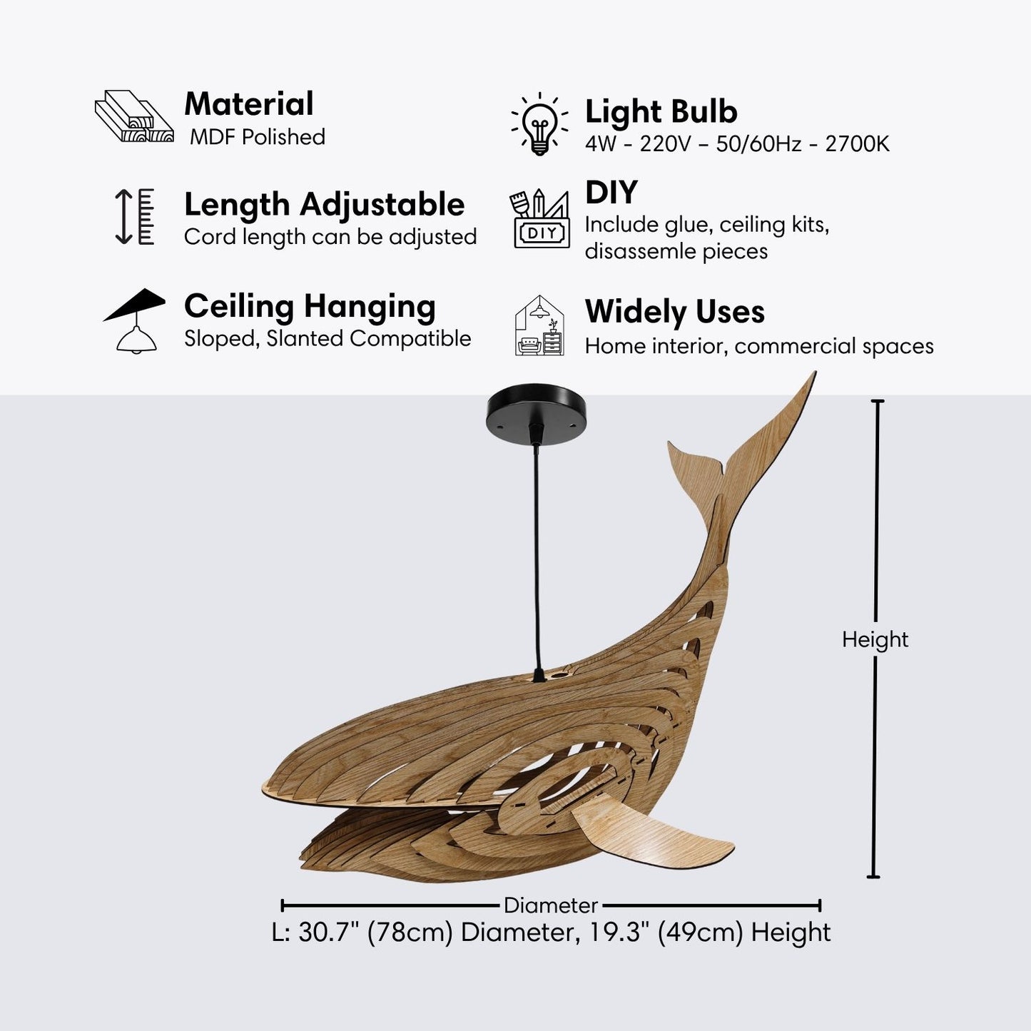 30" Wooden Whale Pendant Light for Home Decor
