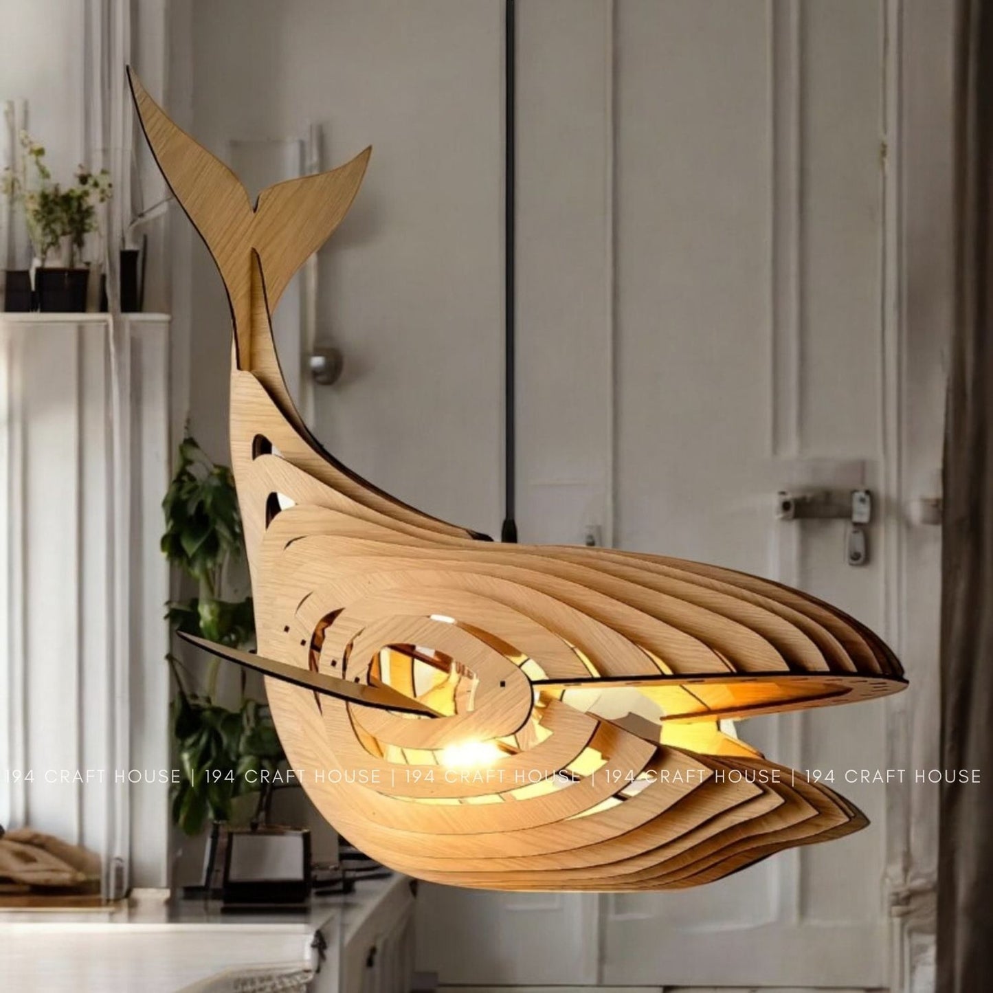 Wooden Whale Pendant Light for Kitchen Island