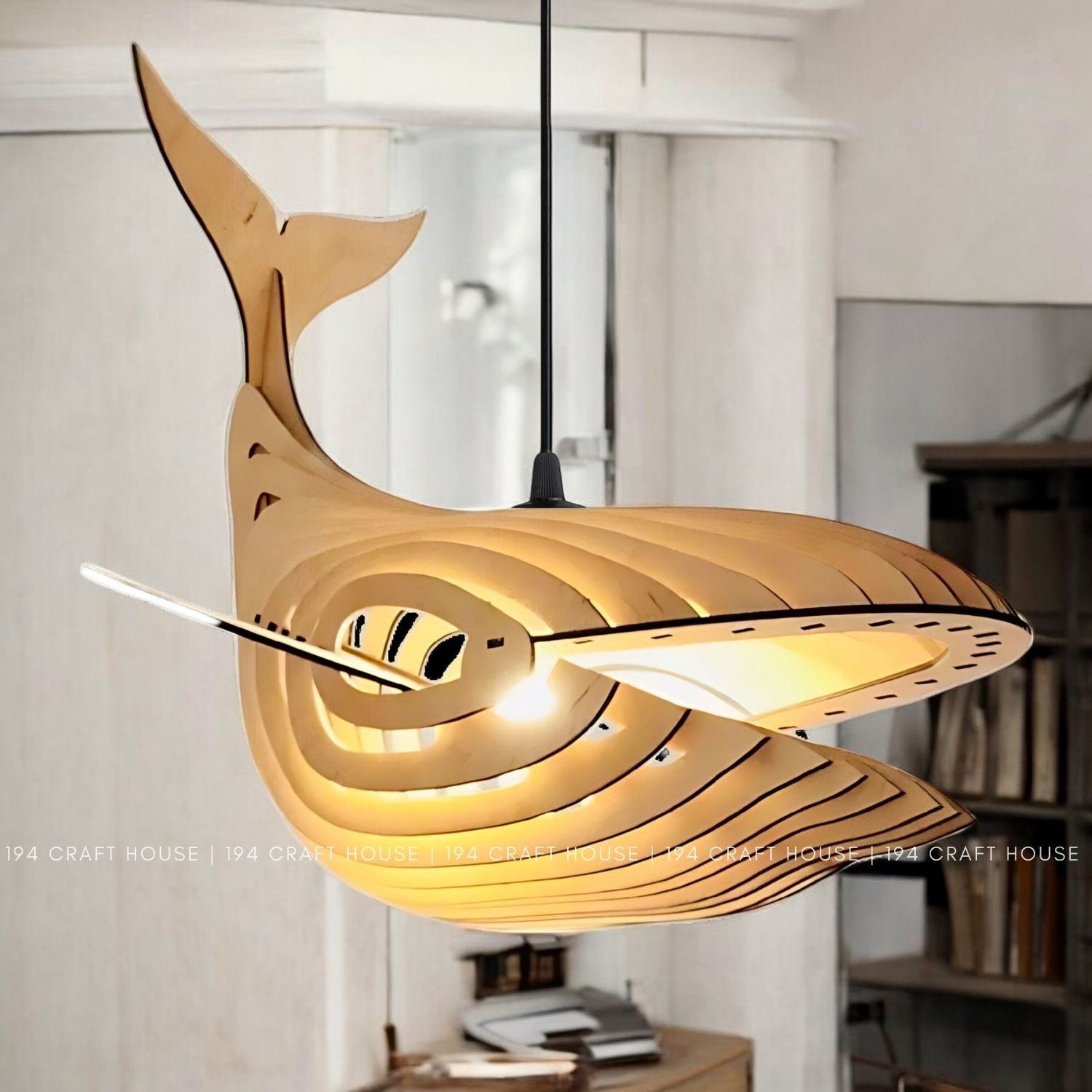 Large Whale Wooden Pendant Light for Kitchen Island Home Decor