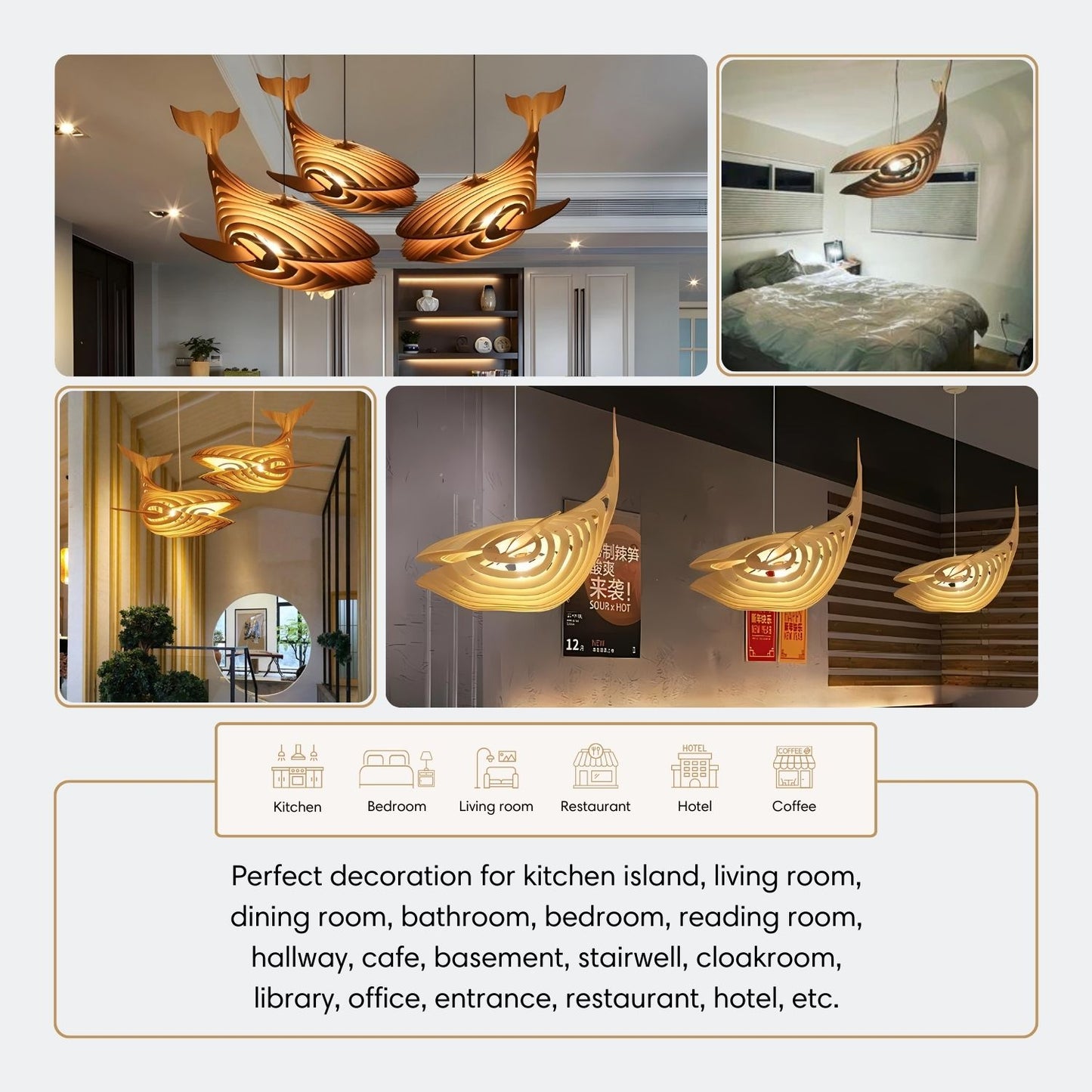 Wooden Whale Pendant Light for Kitchen Island