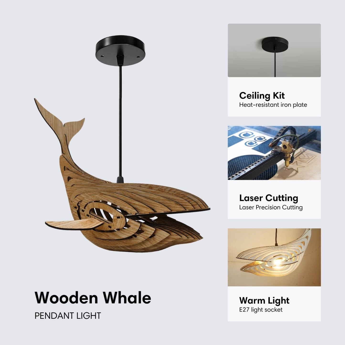 30" Wooden Whale Pendant Light for Home Decor
