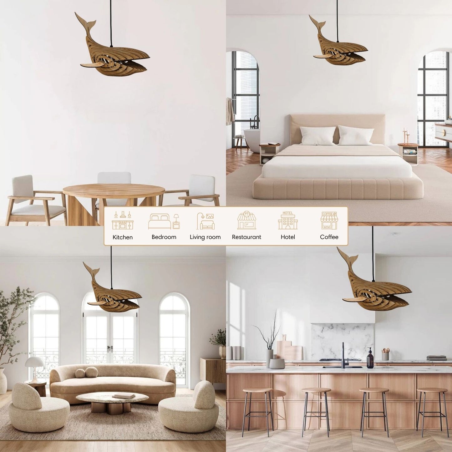 30" Wooden Whale Pendant Light for Home Decor