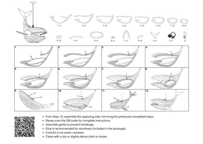 Illustrated assembly instructions showing numbered parts and steps for whale pendant light