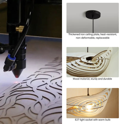 Collage showing pendant fabrication, ceiling plate, layered whale body, and illuminated socket