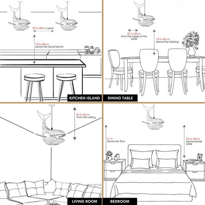 Illustrated placement guide for whale pendant light in four different rooms