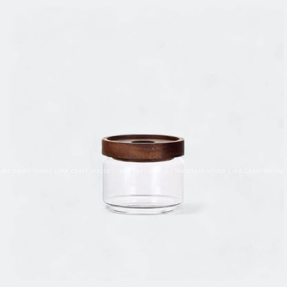 V-056-Glass Jar with Wood Lid Stackable Airtight Canister