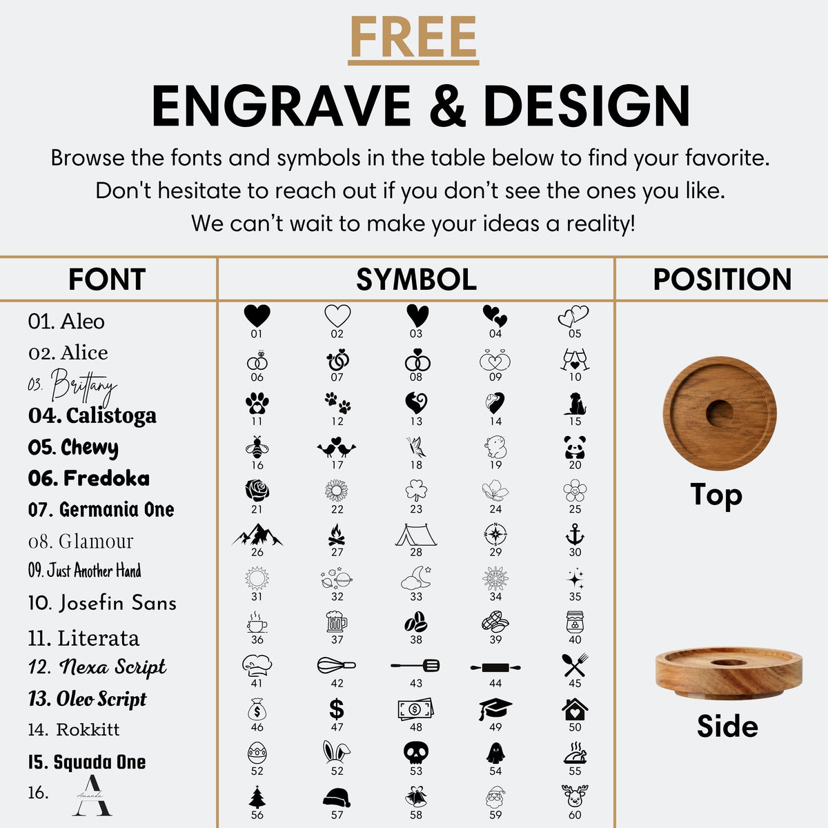 Custom laser engraving chart showing font styles, icon symbols, and top or side placement options for a wooden jar lid with a hole.