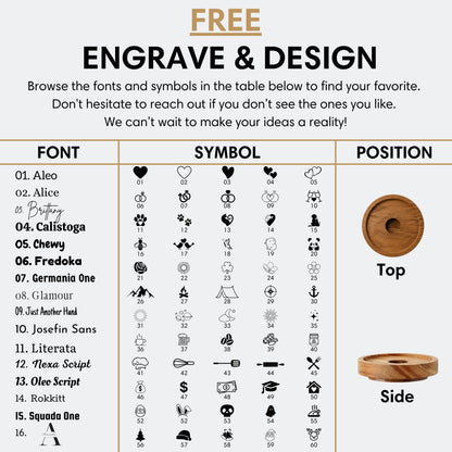 Custom laser engraving chart showing font styles, icon symbols, and top or side placement options for a wooden jar lid with a hole.