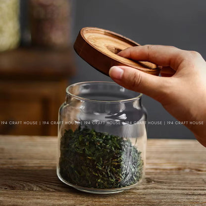 Glass Jar Stackable Wood Lid Food Container