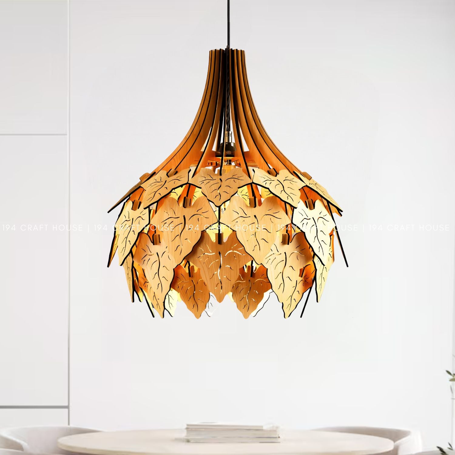 Caladium Bicolor Leaf Wooden Pendant Light for Kitchen Island