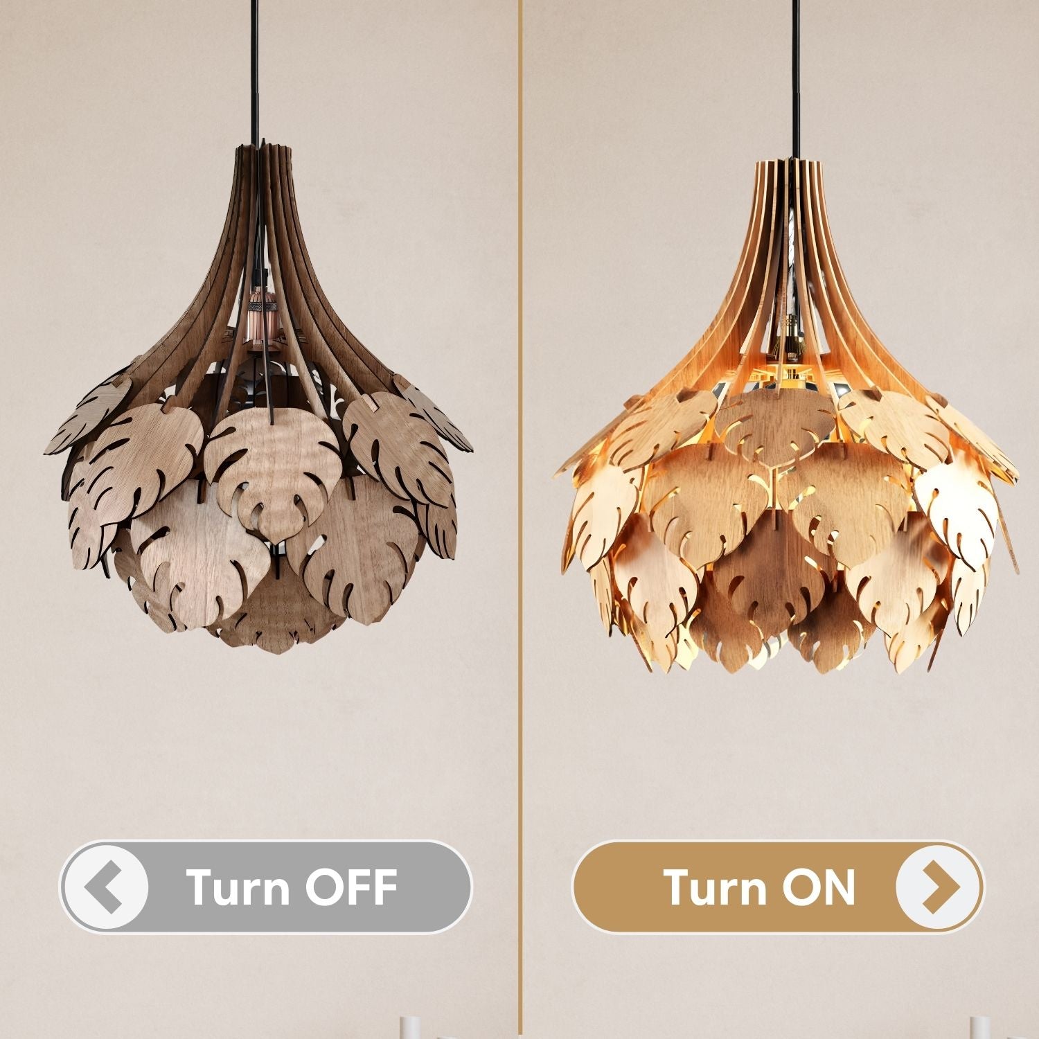 Monstera Leaf Wooden Pendant Light Effect