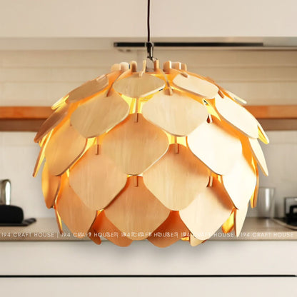 Wood Pendant Light Round Pinecone Shape