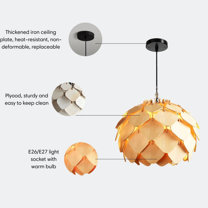 Wood Pendant Light Round Pinecone Shape