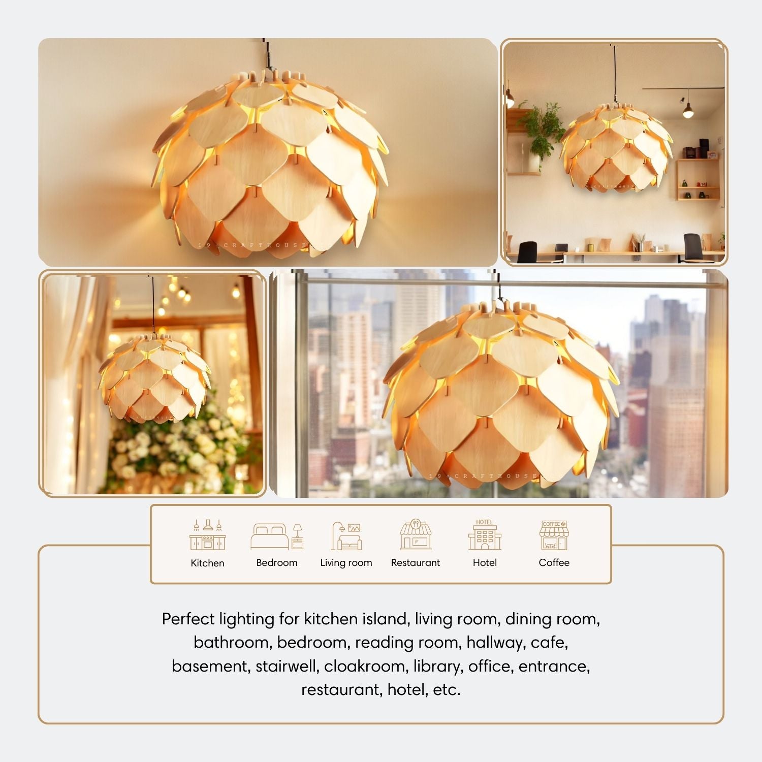 Wood Pendant Light Round Pinecone Shape