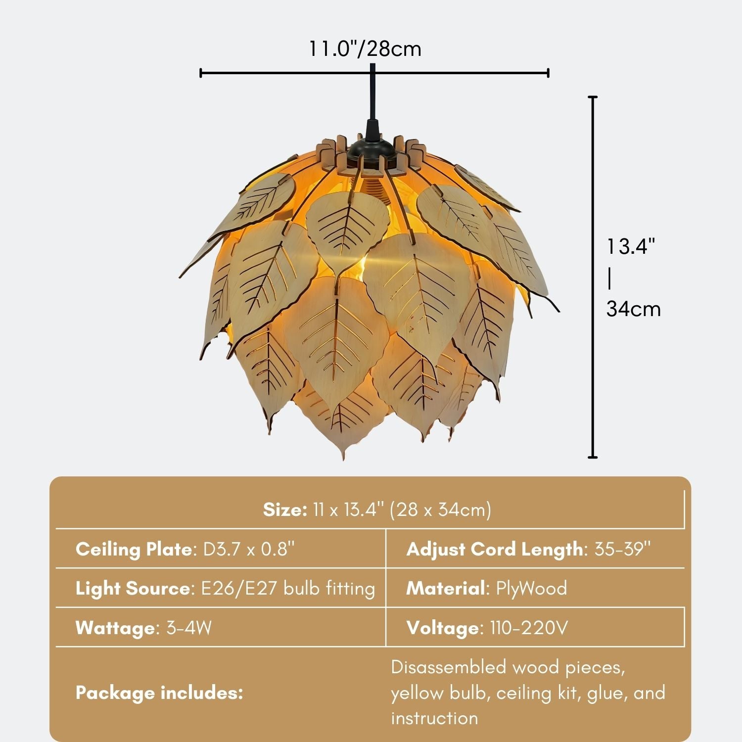 Bodhi Leaf Wooden Pendant Light Specification