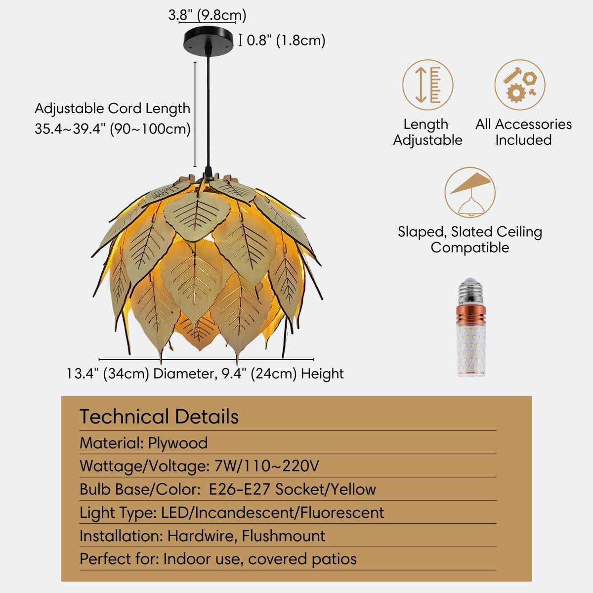 Diagram showing 13.4" diameter, 9.4" height and adjustable cord length measurements