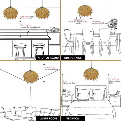 Illustrated installation guide showing recommended hanging heights for kitchen, dining, living, bedroom