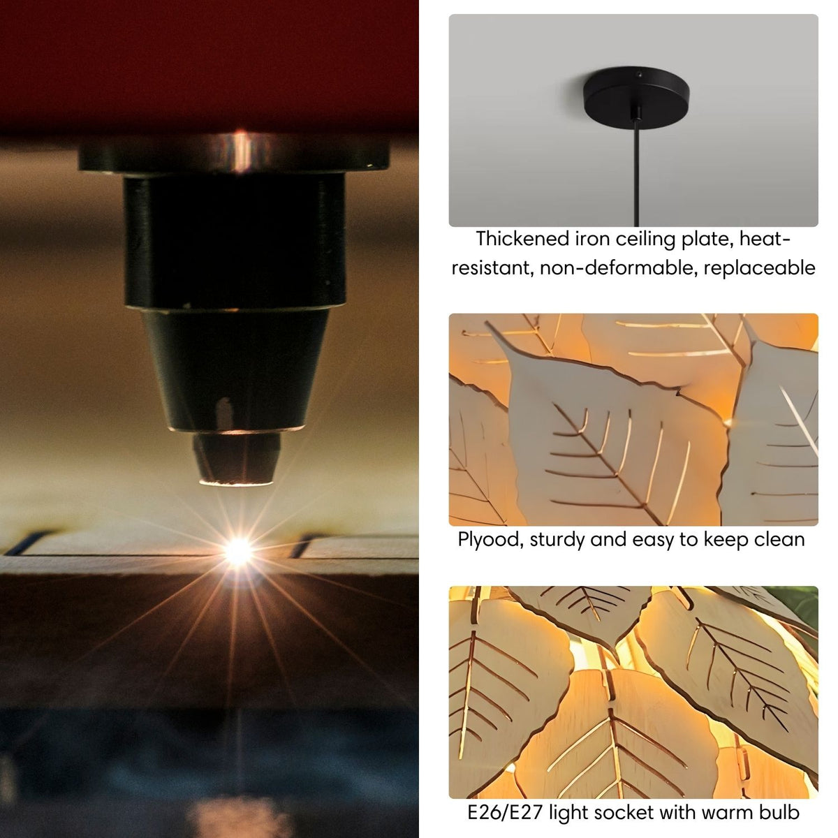 Hanging Bodhi leaf pendant light against a city skyline with review overlay