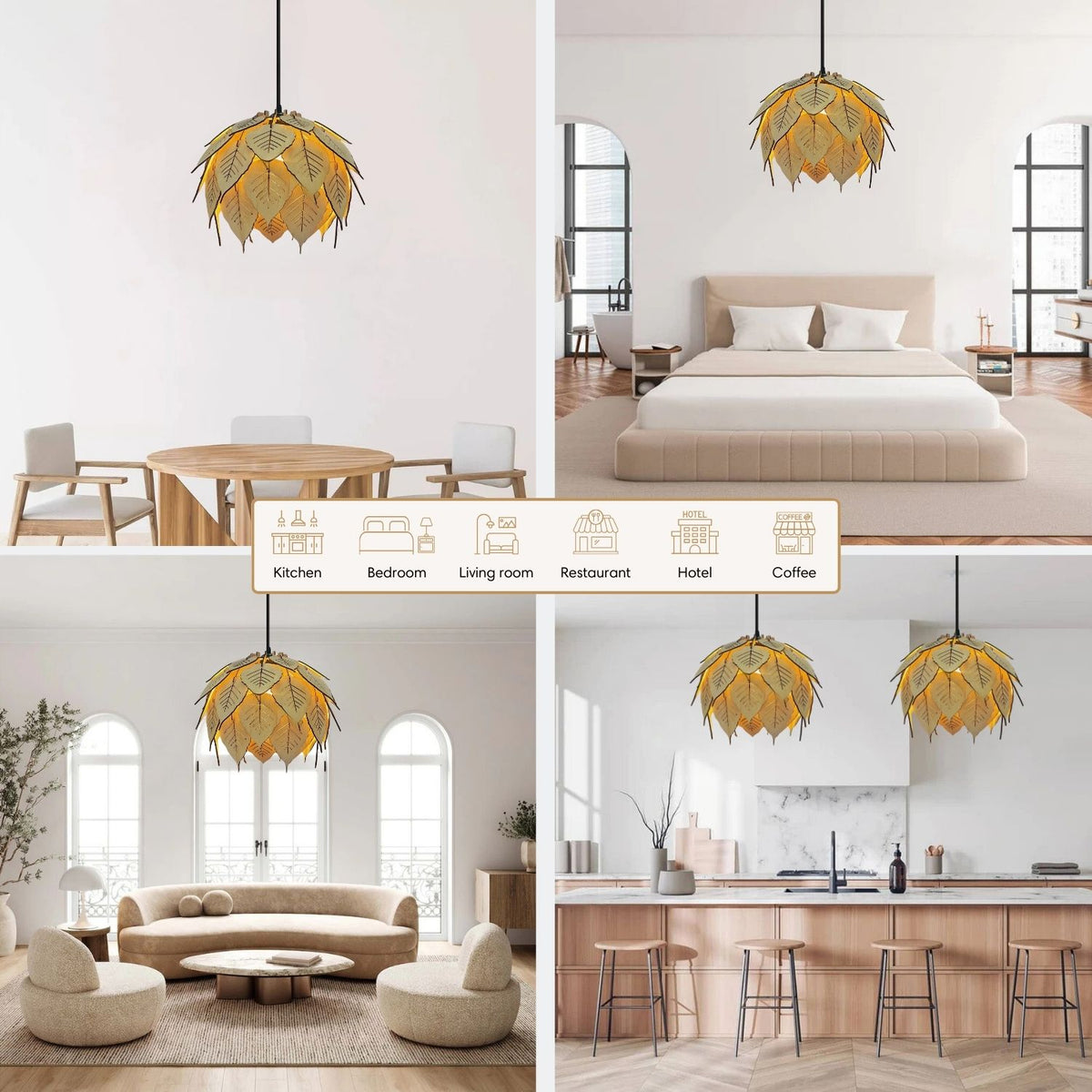 Collage showing the pendant light installed in dining, bedroom, living room, and kitchen settings