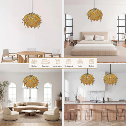 Collage showing the pendant light installed in dining, bedroom, living room, and kitchen settings