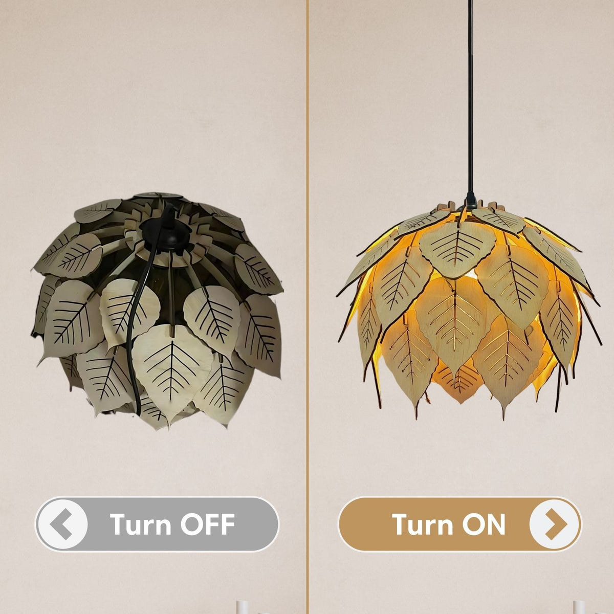 Side-by-side comparison of the pendant turned off on left and illuminated on right