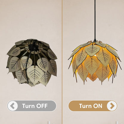 Side-by-side comparison of the pendant turned off on left and illuminated on right