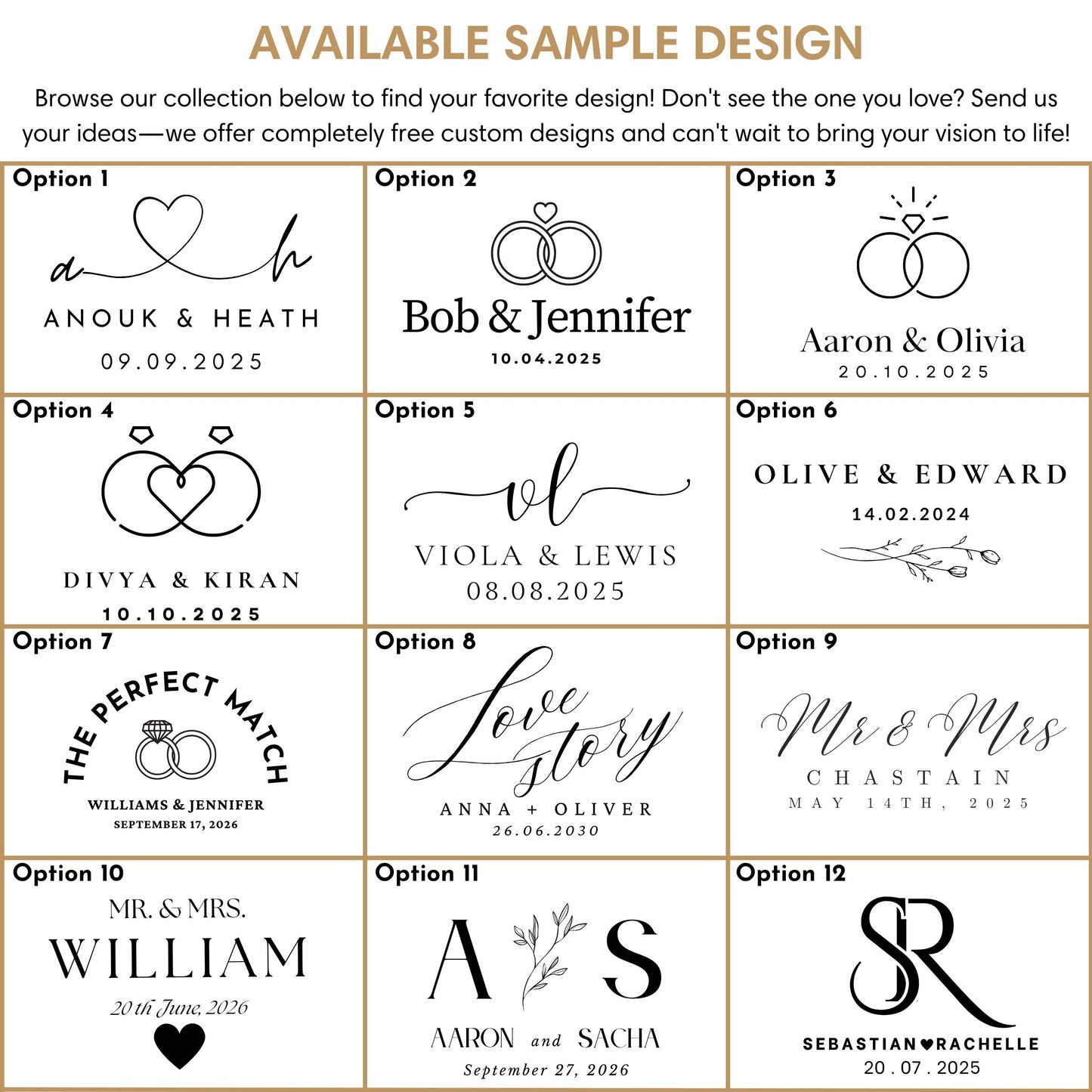 Infographic displaying different sample wedding monogram and logo design options with customizable names and dates.