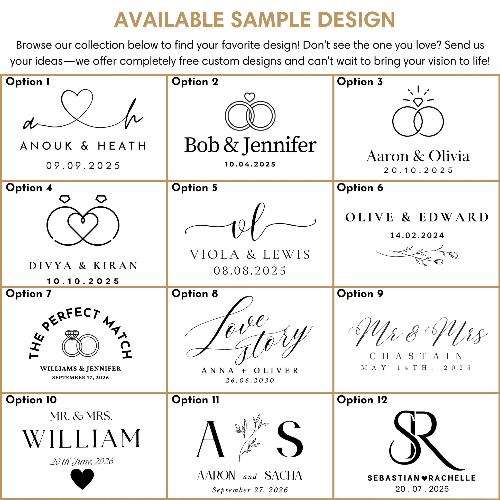 Infographic displaying different sample wedding monogram and logo design options with customizable names and dates.