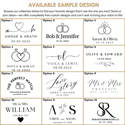 Infographic displaying different sample wedding monogram and logo design options with customizable names and dates.