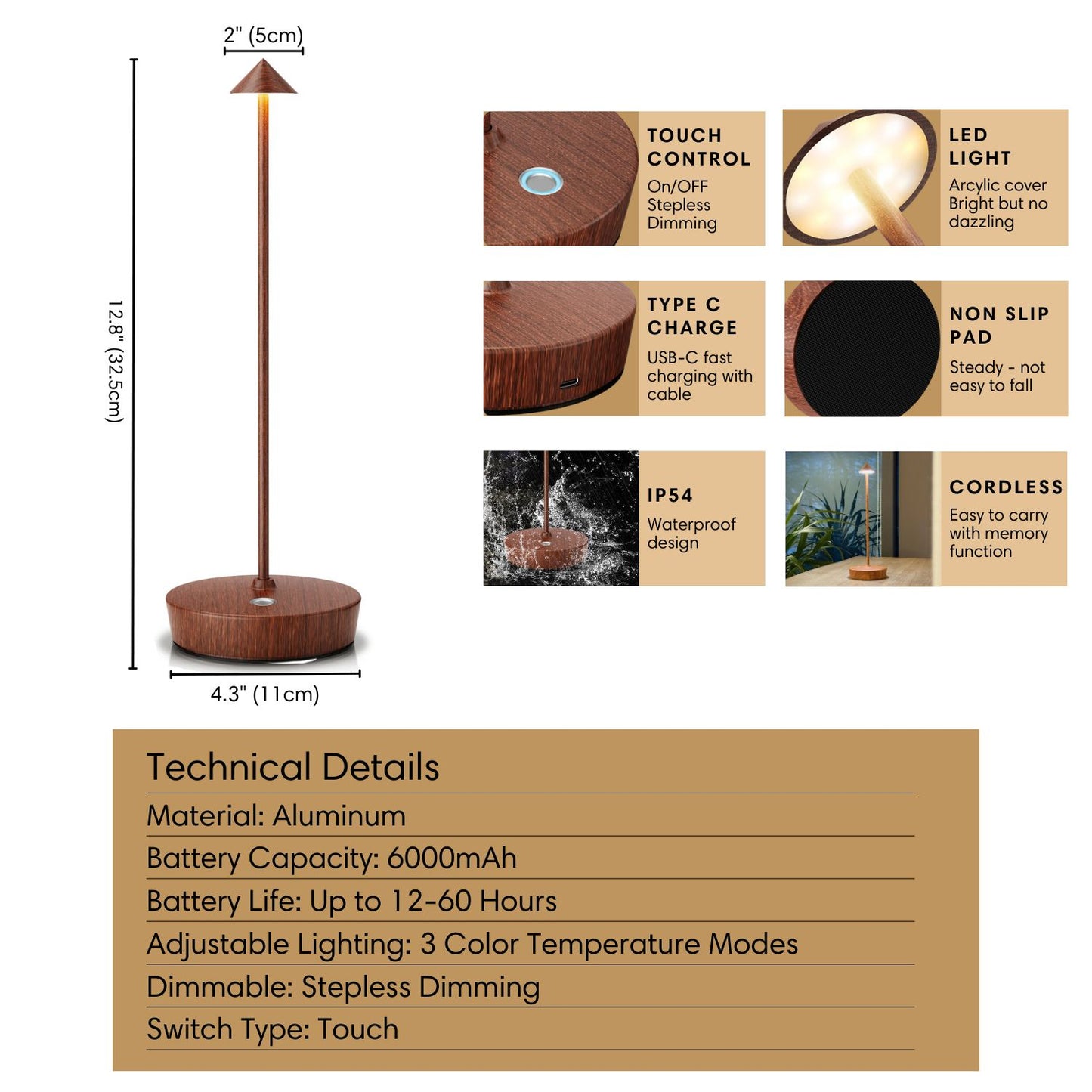 Cordless Table Lamp Woodgrain for Kitchen Dining