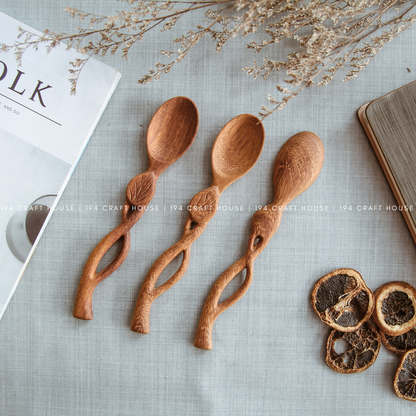 Handcrafted Leaf Handle Wooden Spoon - Kitchen Serving Utensils