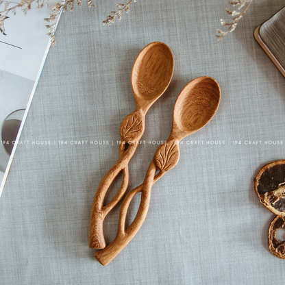 Handcrafted Leaf Handle Wooden Spoon - Kitchen Serving Utensils