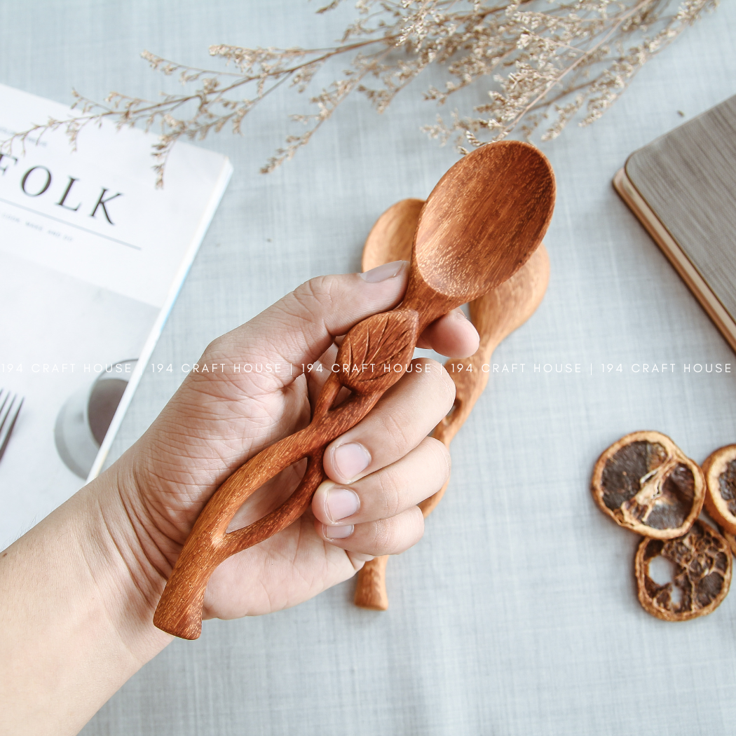 Handcrafted Leaf Handle Wooden Spoon - Kitchen Serving Utensils