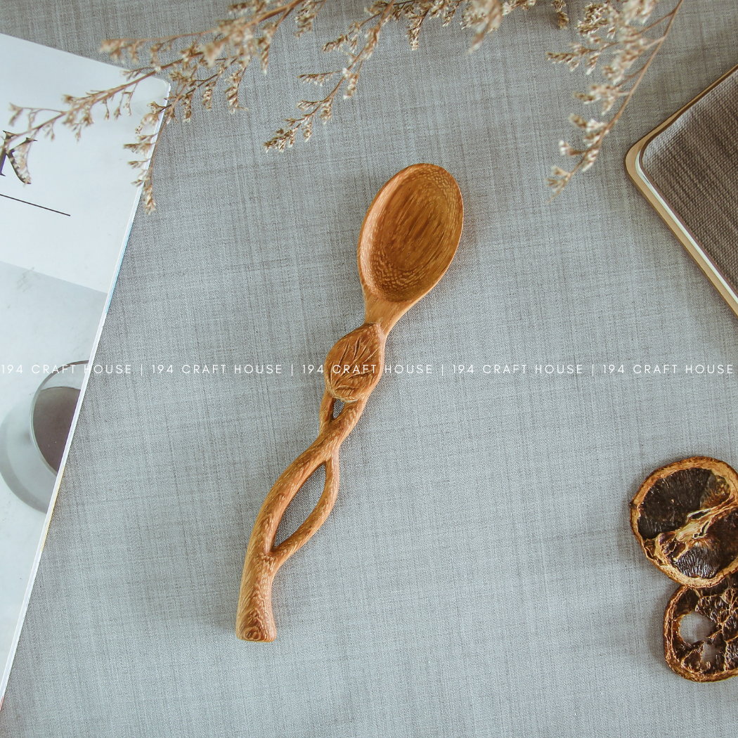 Handcrafted Leaf Handle Wooden Spoon - Kitchen Serving Utensils