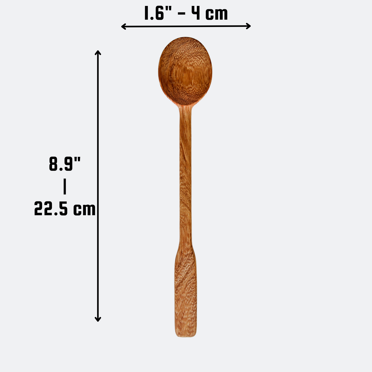 Handcrafted long handle wooden spoon shown with product size and dimensions on a clean white background