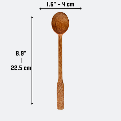Handcrafted long handle wooden spoon shown with product size and dimensions on a clean white background
