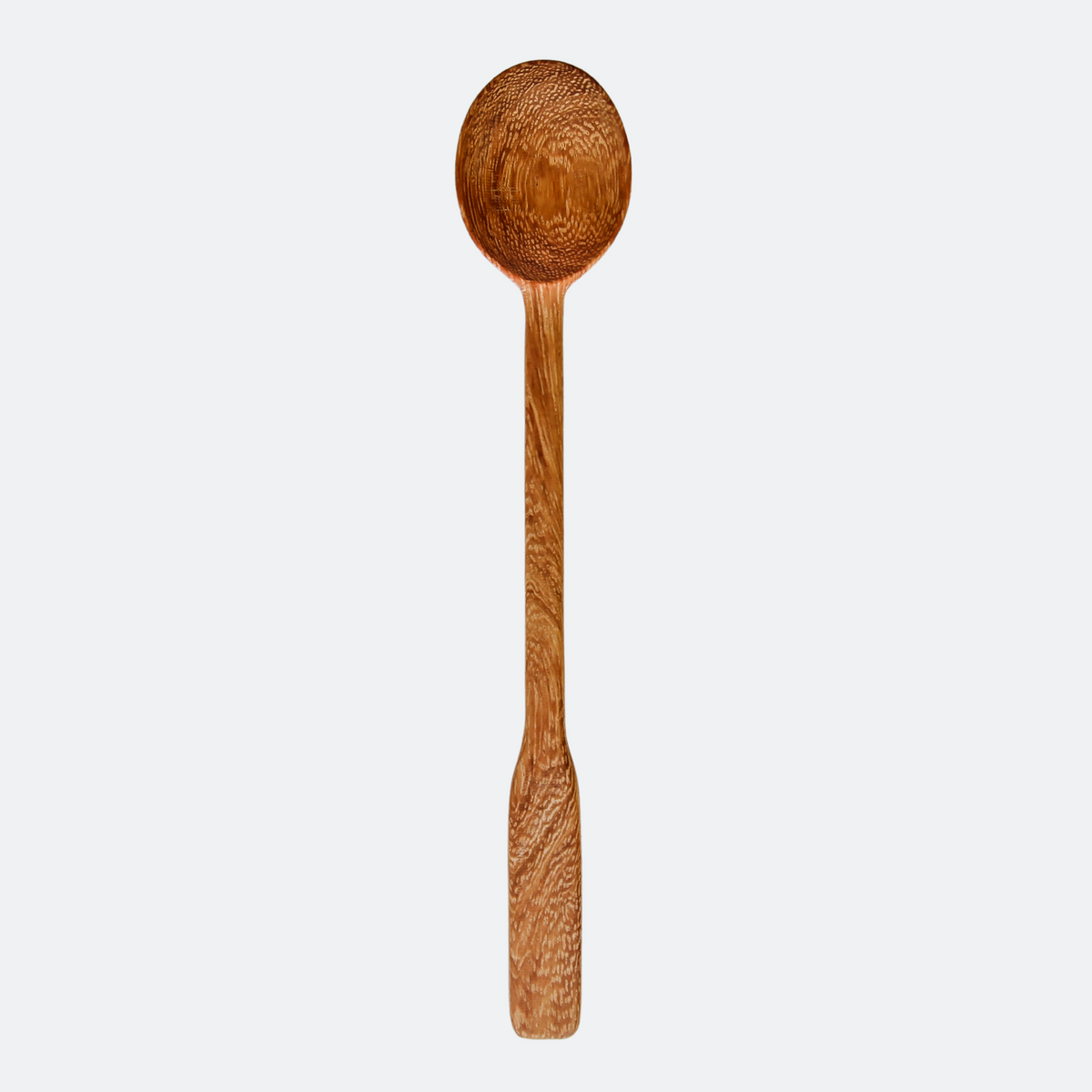 Handcrafted long handle wooden spoon with a decorative carved handle, shown vertically on a clean white background
