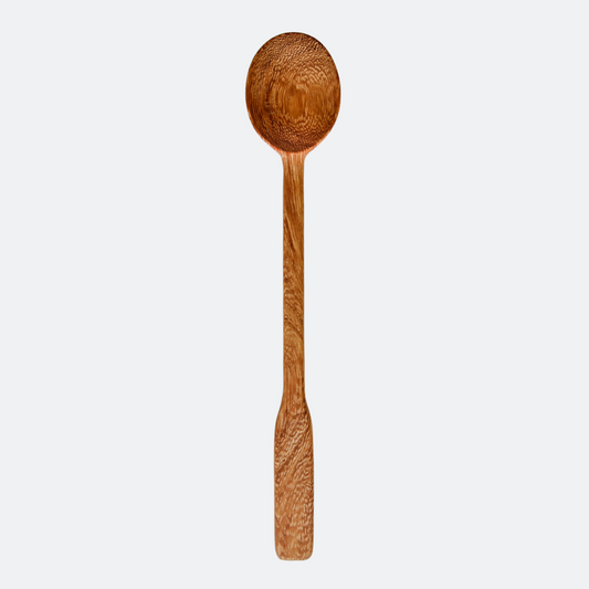 Handcrafted long handle wooden spoon with a decorative carved handle, shown vertically on a clean white background