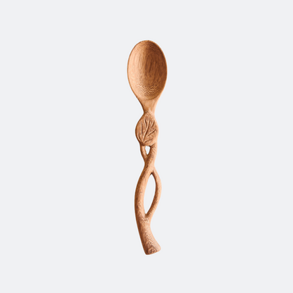 Handcrafted Leaf Handle Wooden Spoon - Kitchen Serving Utensils